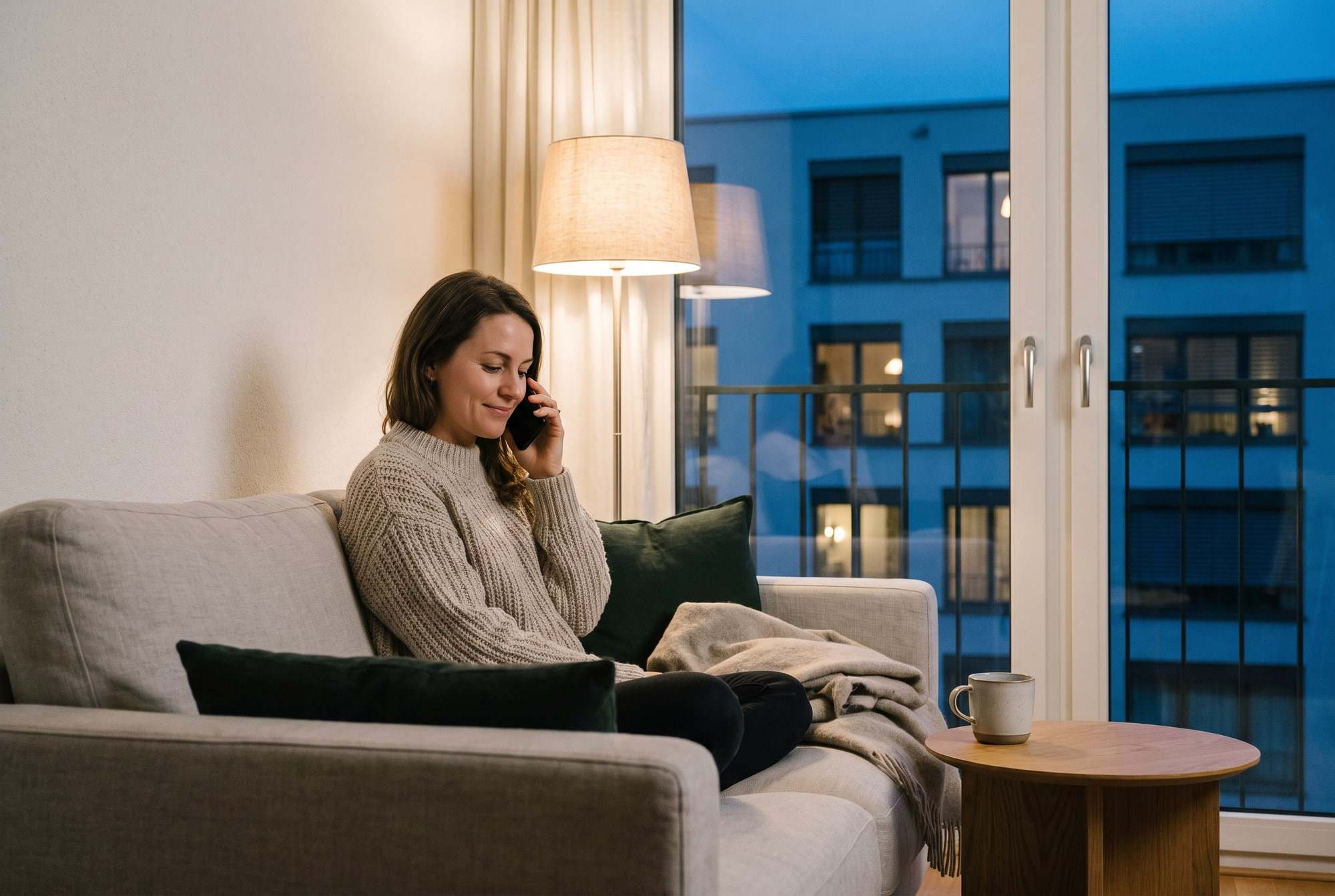 Frau telefoniert abends lächelnd im Lampenlicht