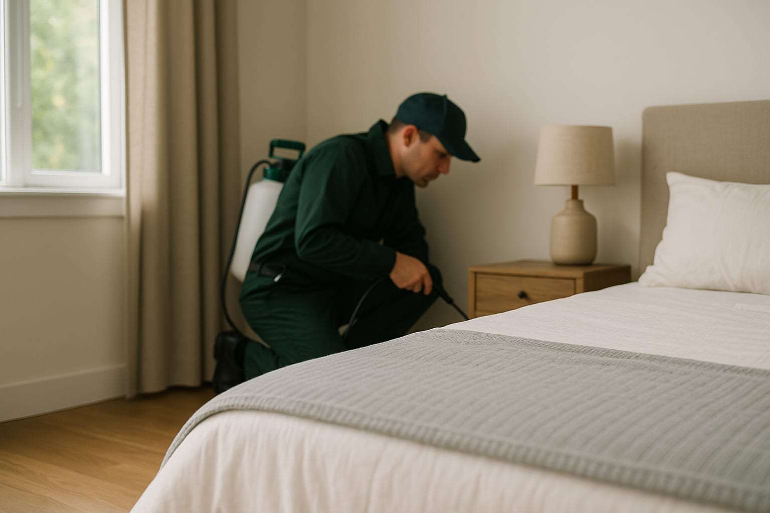 Fachperson behandelt kniend die Ränder eines Schlafzimmers