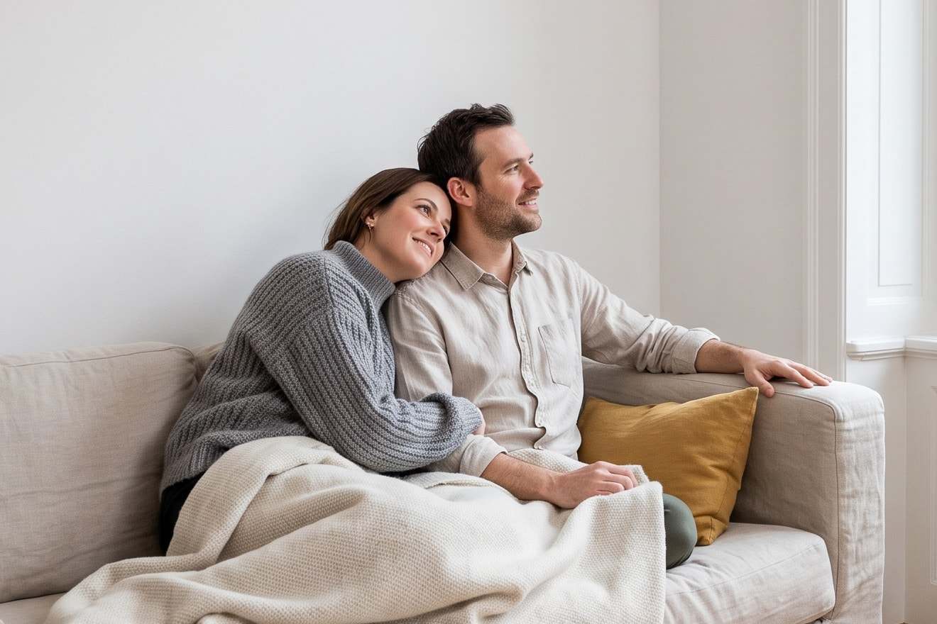 Paar sitzt entspannt zusammen auf dem Sofa