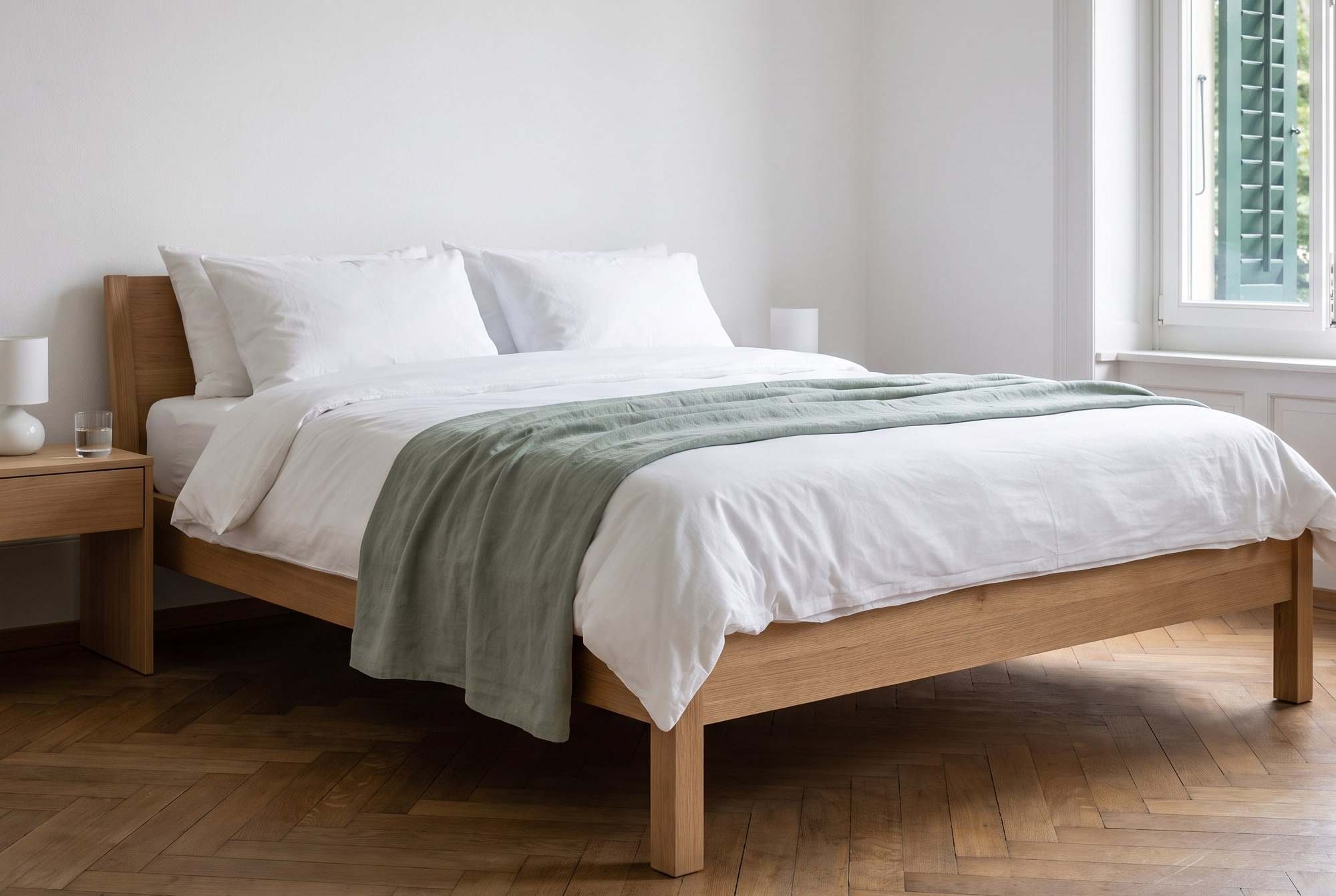 Ruhiges Schlafzimmer mit frisch bezogenem Bett